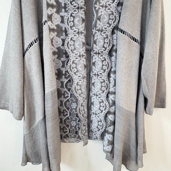 Ali Miles Lace Collar Open Front Cardigan Sweater 1X Gray Artsy Lagenlook Flowy - Picture 6 of 11